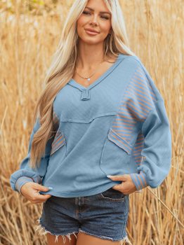 Dusk Blue Exposed Seam Waffle Striped Patchwork Baggy Pullover