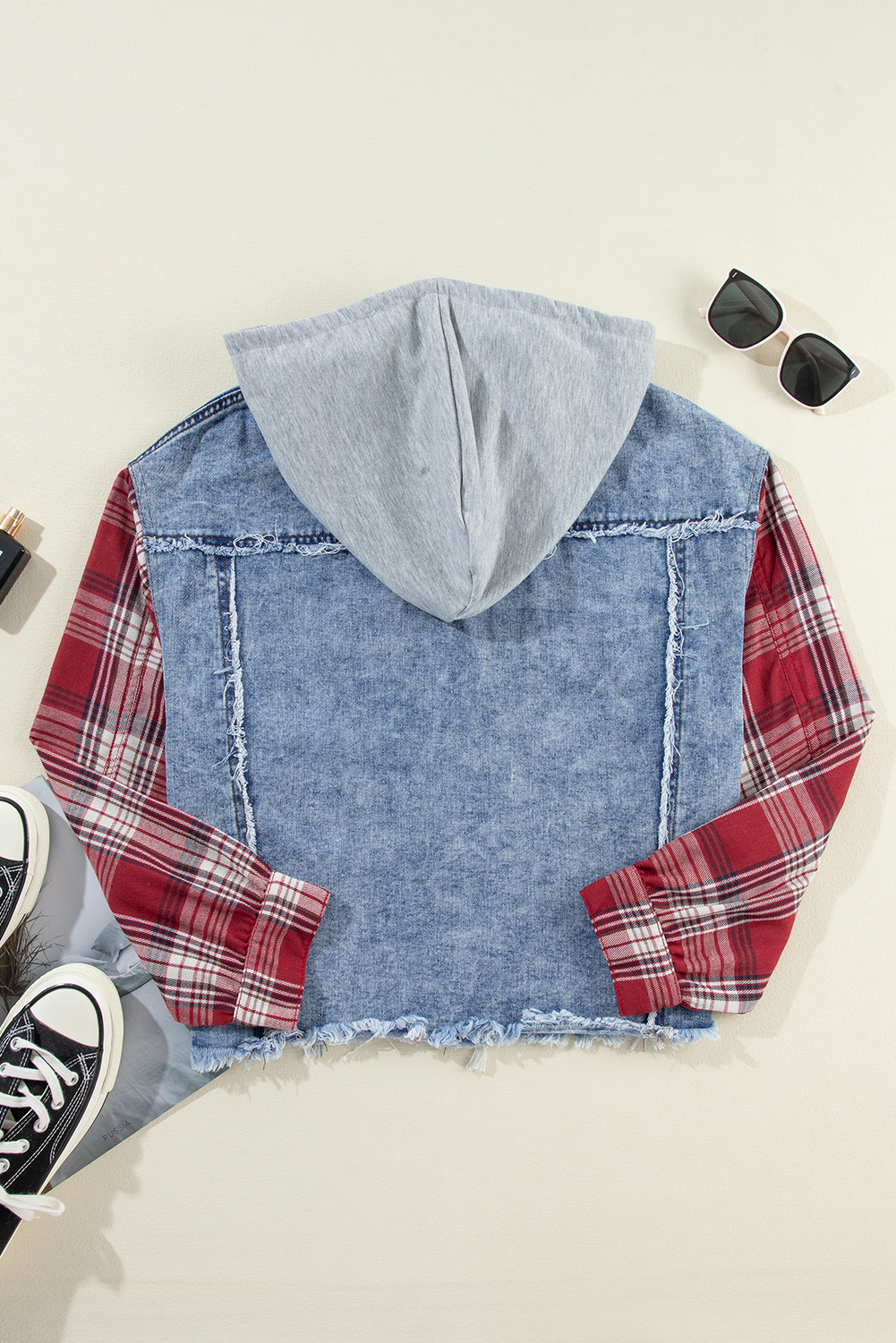 Beau Blue Plaid Print Patchwork Hooded Raw Hem Denim Jacket - Image 5