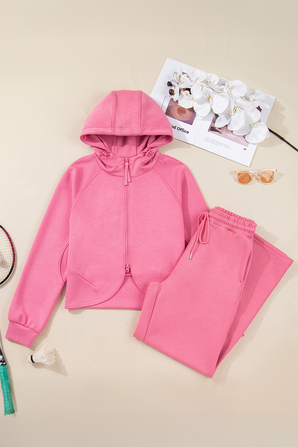 Pink Solid Color Zip Up Hoodie Drawstring Loose Pants Set - Image 8