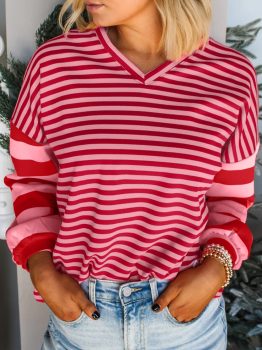 Strawberry Pink Mix Striped Drop Shoulder Patchwork Sleeve V Neck Pullover