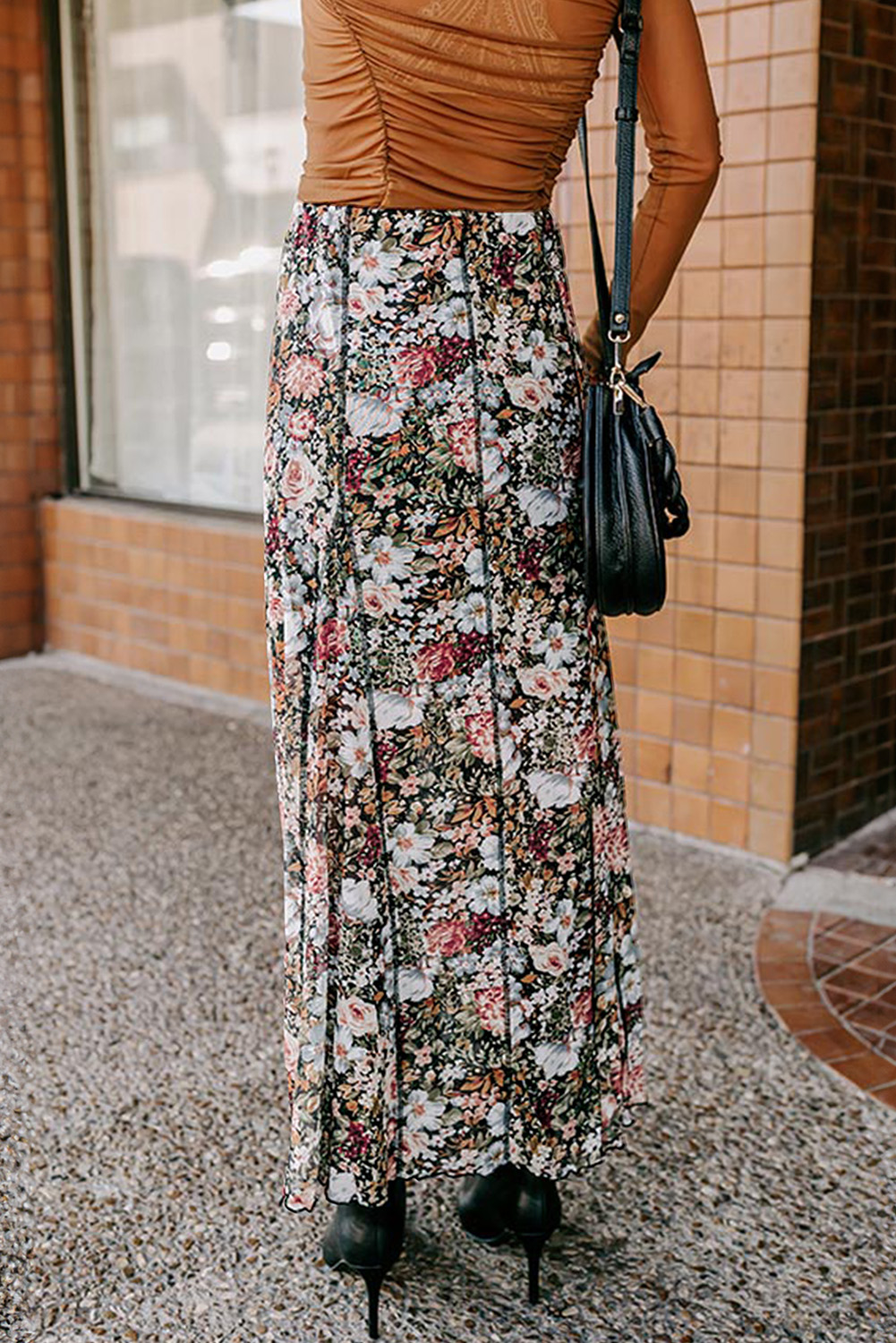 Brown Floral Print High Waist Maxi Skirt - Image 2