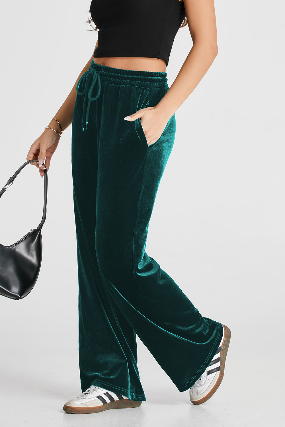 Evergreen Solid Drawstring Waist Wide Leg Pants - Image 4
