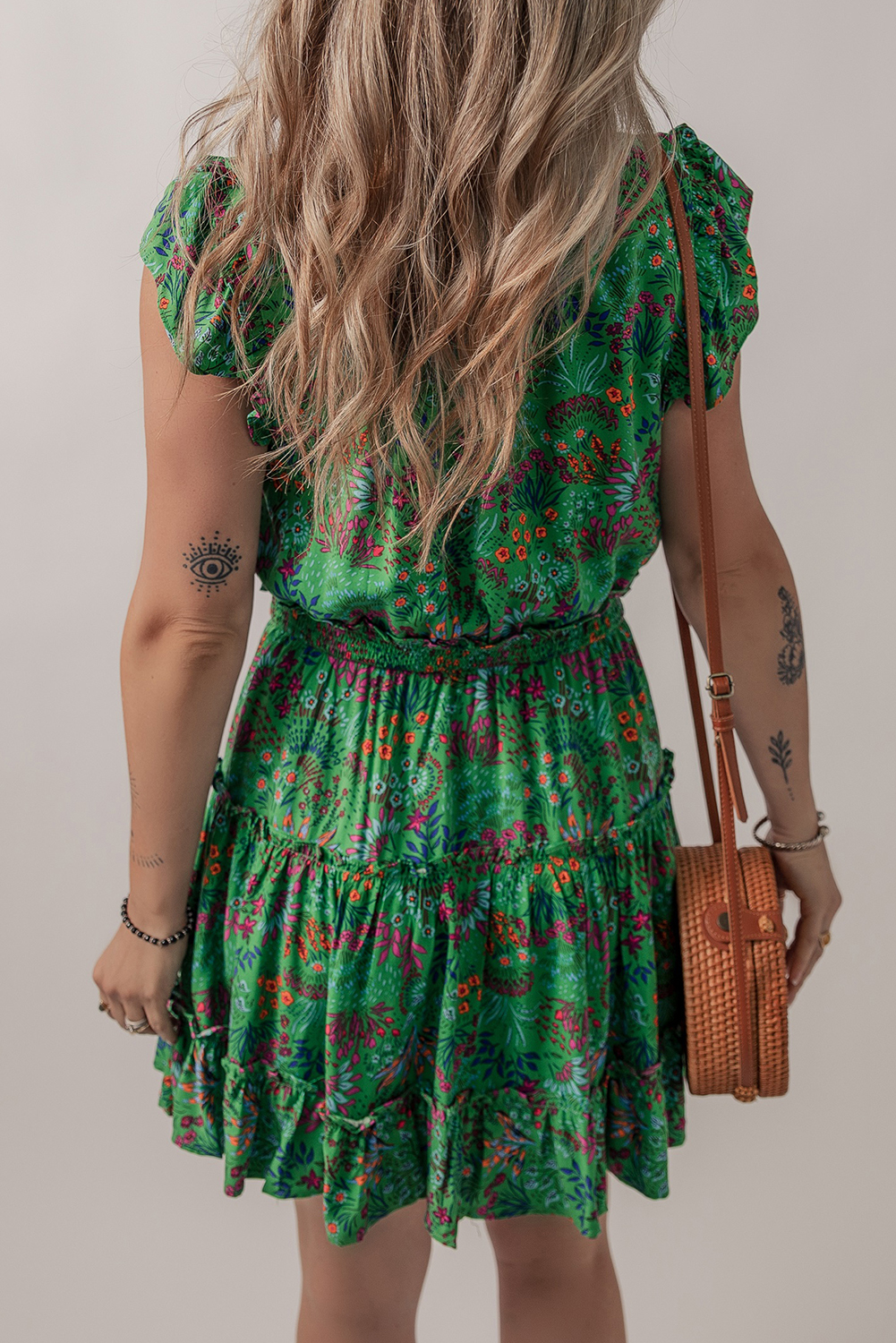 Green Floral Tie Split Neck Frilly Ruffle Trim Tiered Short Dress - Image 3