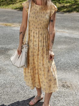 Yellow Boho Floral Print Ruffle Smocked Flowy Summer Dress