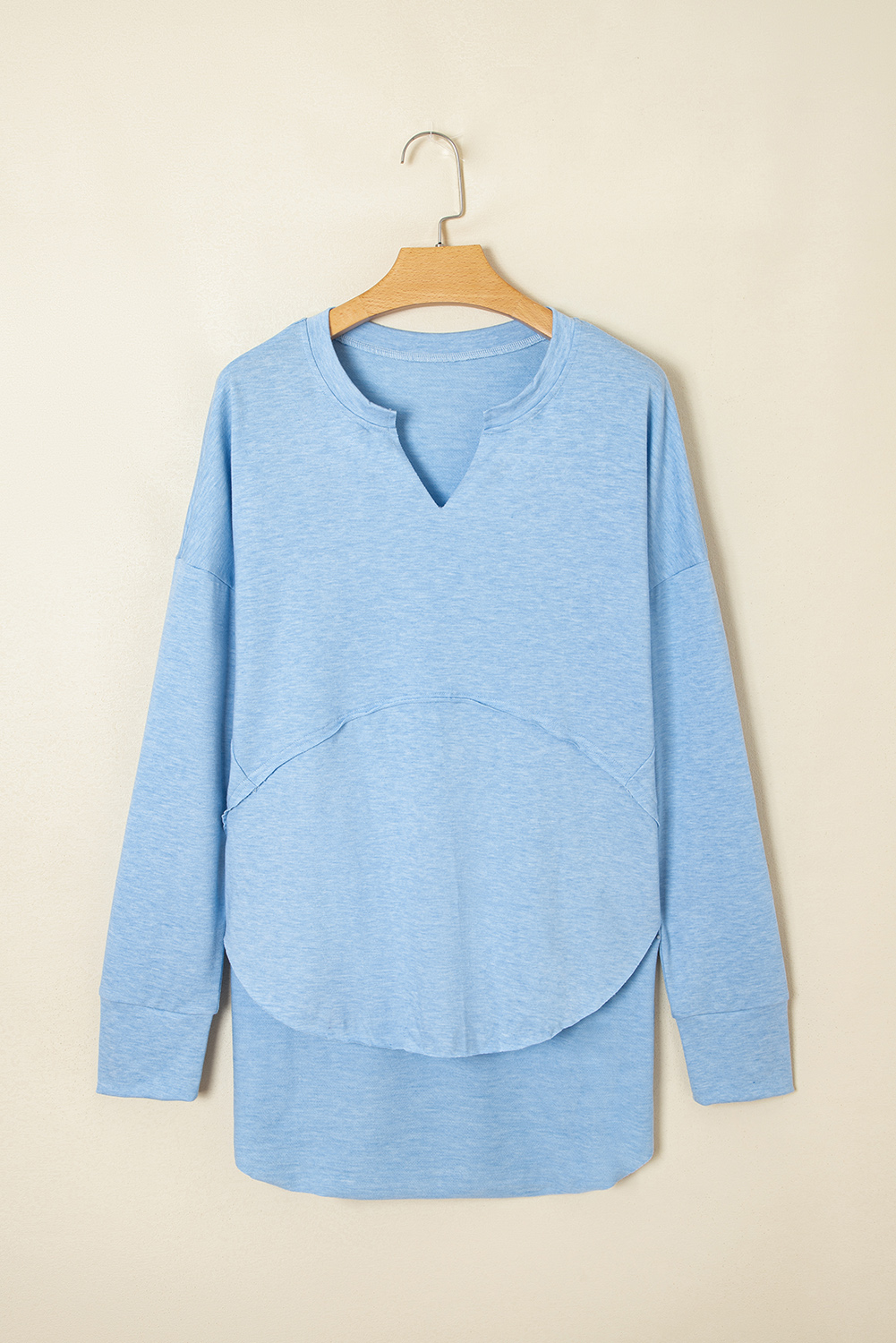 Myosotis Notched Neck Terry Raw Hem Long Sleeve Top - Image 2