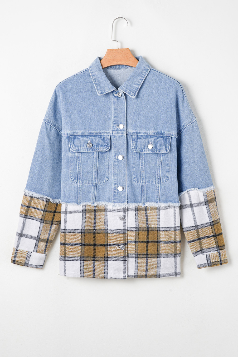 Khaki Plaid Patchwork Buttoned Oversized Denim Jacket - Image 6