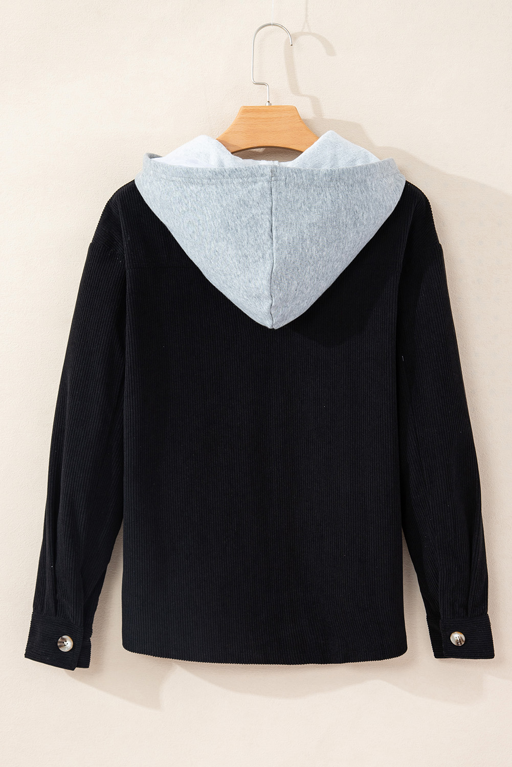 Black Hooded Drawstring Pockets Corduroy Shacket - Image 5