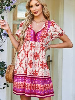 Rose Boho Floral Short Sleeve Lace-up V Neck Mini Dress