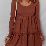 Straw Yellow Ribbed Frilled Trim High Waist Long Sleeve Mini Dress