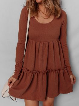 Straw Yellow Ribbed Frilled Trim High Waist Long Sleeve Mini Dress