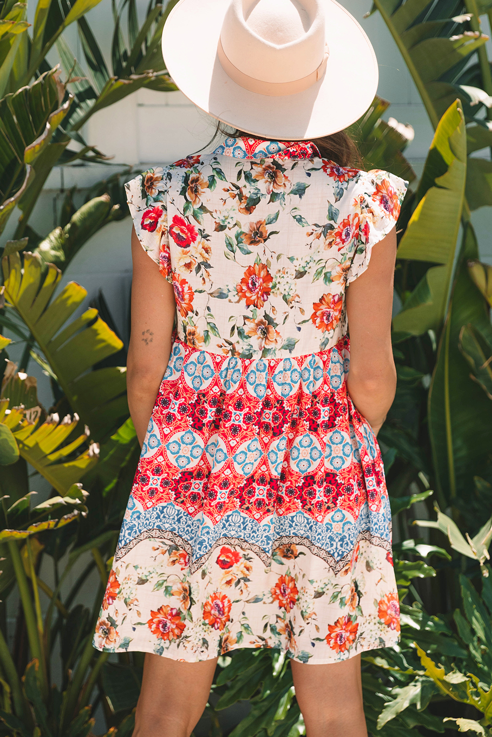 Rose Floral Mixed Pattern Ruffle Flutter Sleeve Buttoned Dress - Image 3