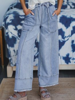 Beau Blue Drawstring Seam Detail Raw Hem Wide Leg Denim Pants