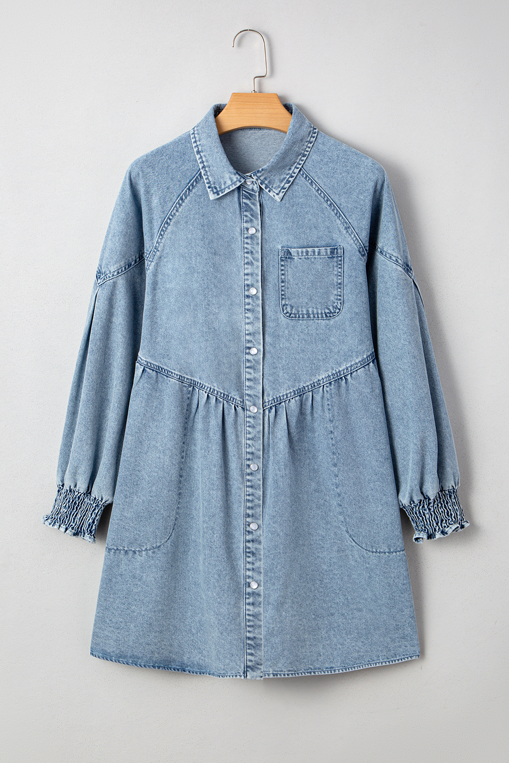 Beau Blue Smocked Cuffs Flared Denim Shirt Mini Dress - Image 8
