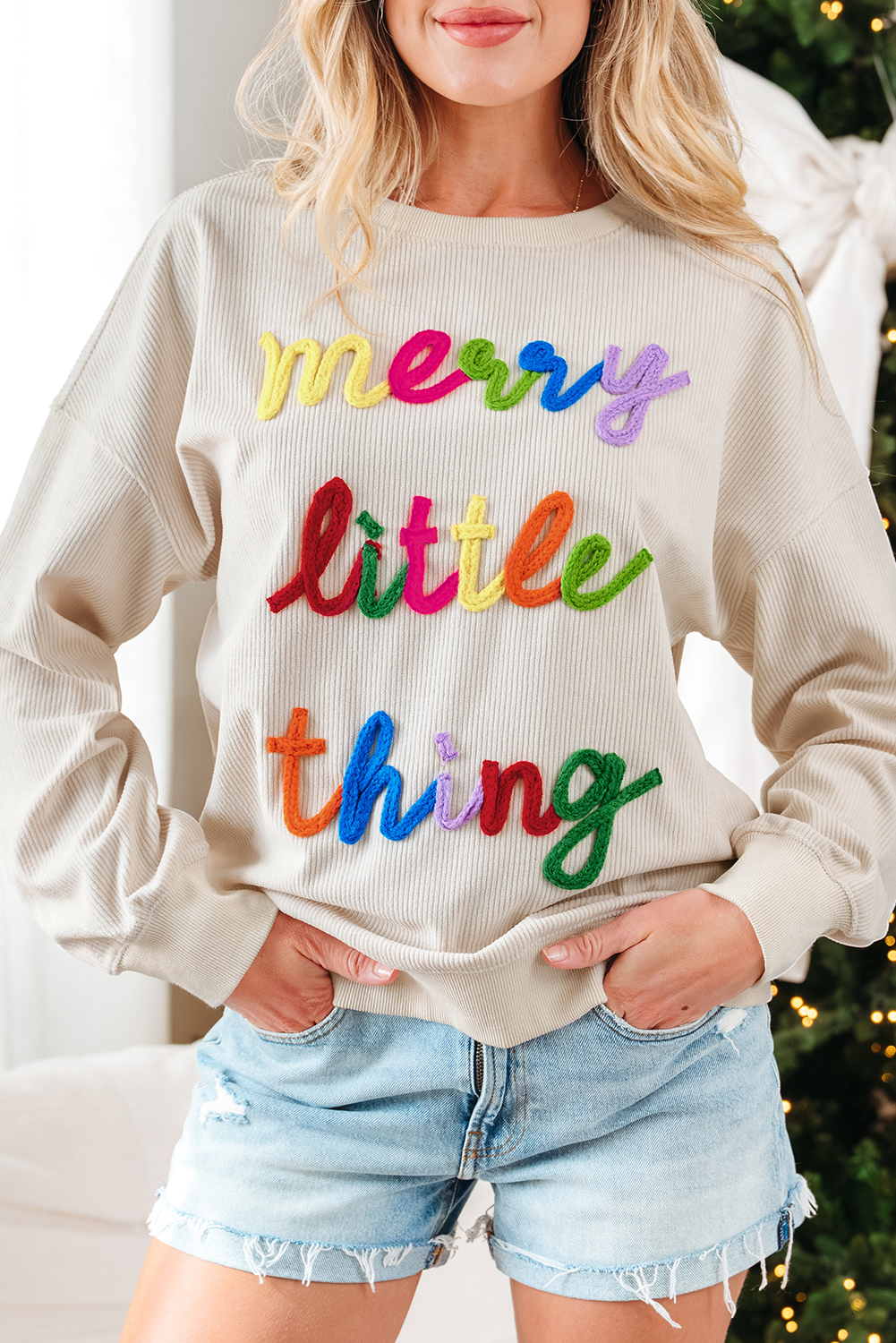 Beige merry little thing Corded Letter Graphic Ribbed Loose Sweatshirt - Image 7