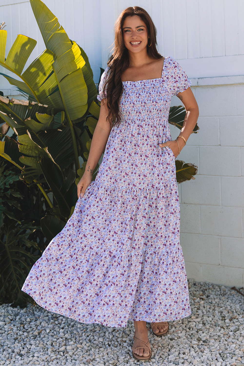 Purple Floral Short Bubble Sleeve Shirred High Waist Maxi Dress - Image 5