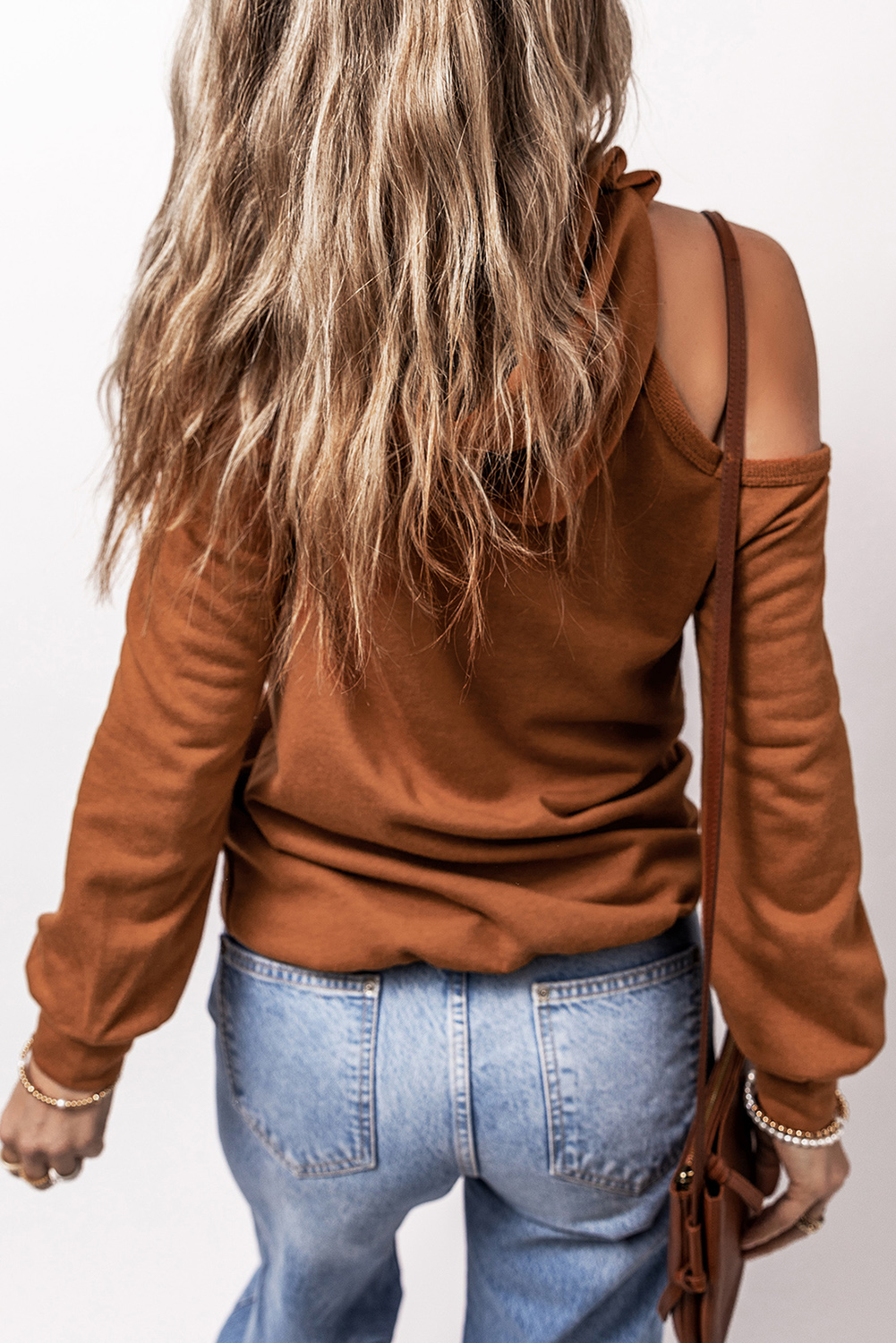 Cinnamon Exposed Seam Cold Shoulder Drawstring Hoodie - Image 6