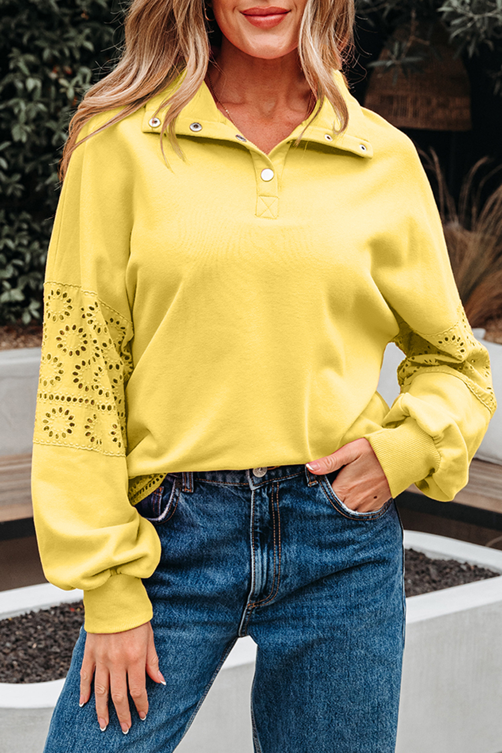 Yellow Cream Embroidered Flower Patchwork Snap Buttons Pullover Sweatshirt - Image 4