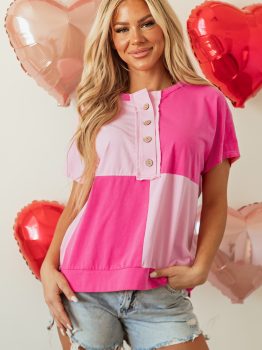 Pink Two Tone Half Buttons Collared T Shirt