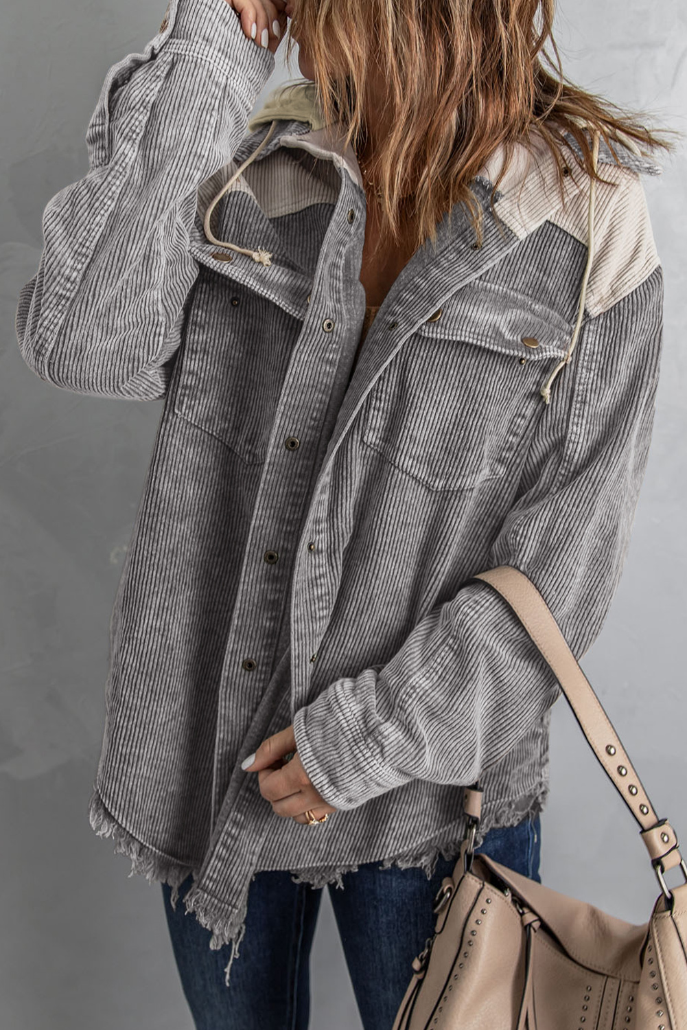 Gray Color Block Button Down Hooded Corduroy Jacket - Image 3