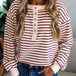 Red Dahlia Striped Print Drop Shoulder Long Sleeve Henley Top