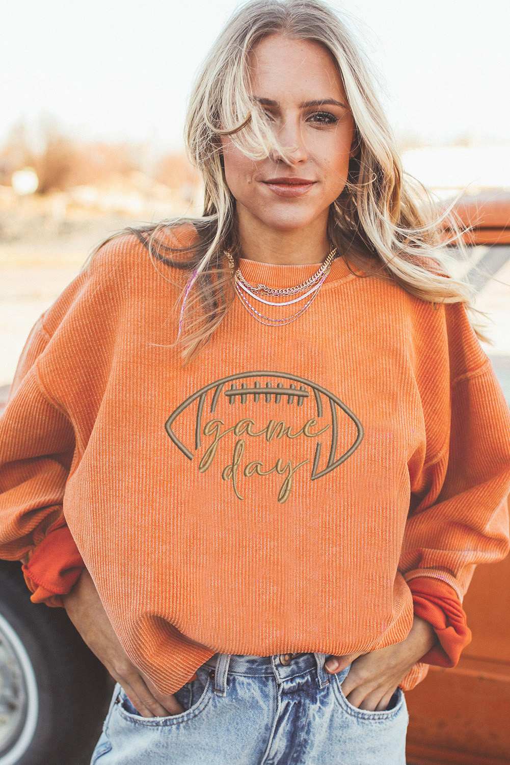 Orange Rugby Game Day Embroidered Corduroy Sweatshirt - Image 4