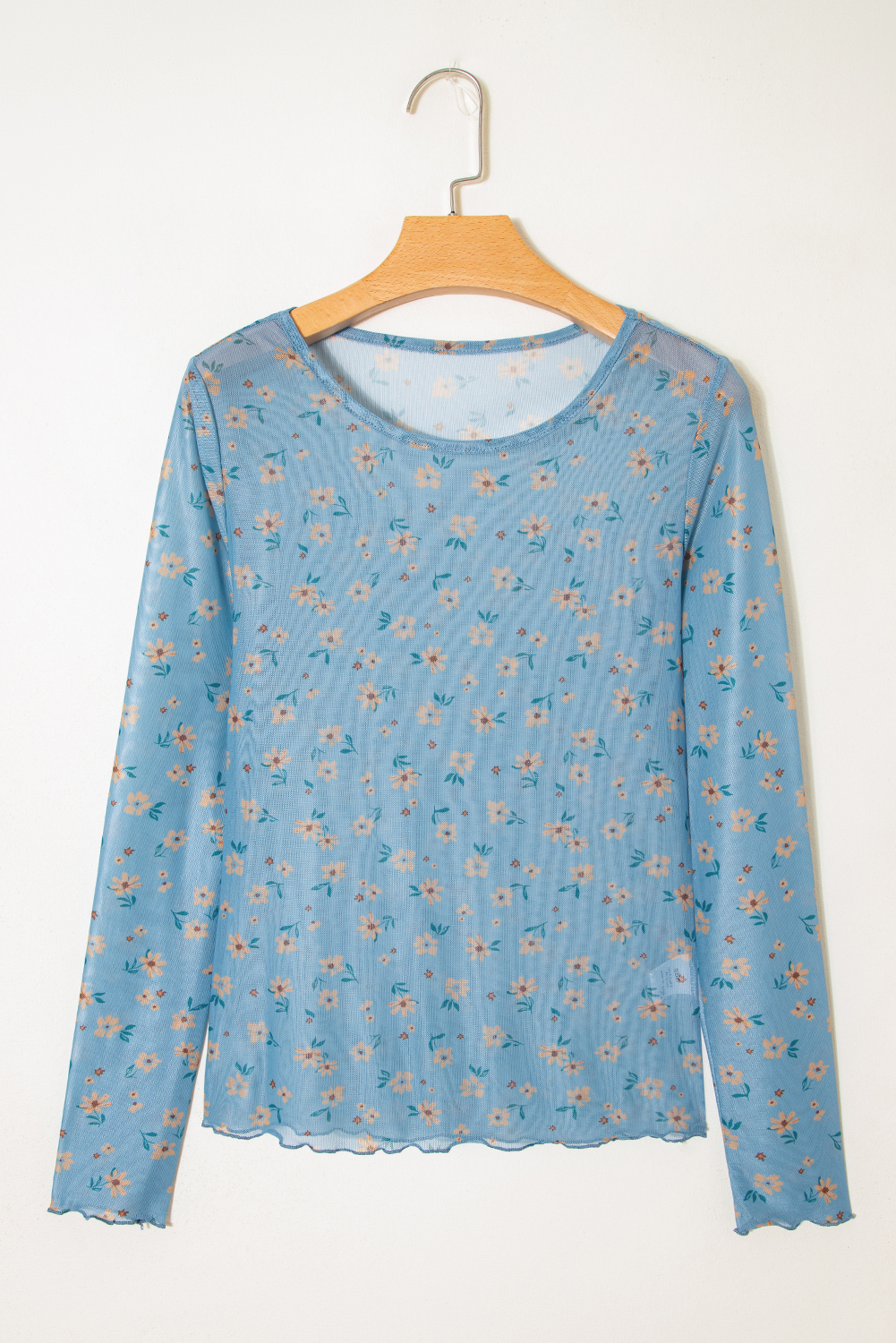 Sky Blue Vintage Floral Print Southern Style Mesh Long Sleeve Top - Image 7
