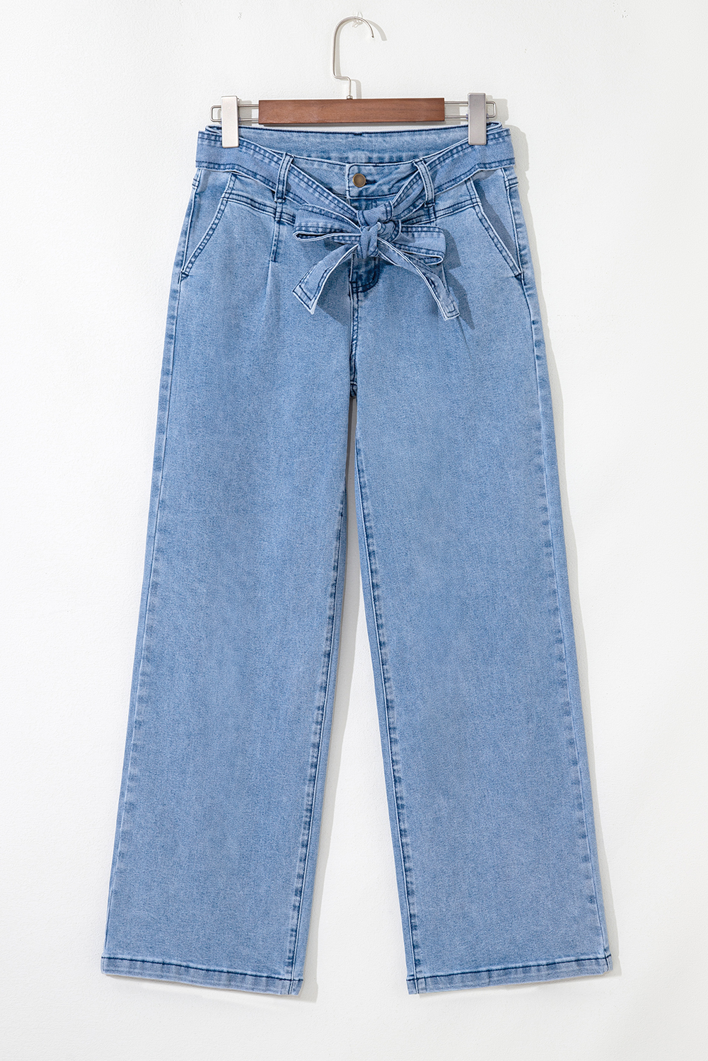 Beau Blue Western Washed Bow Knot Sash Wide Leg Jeans - Image 3