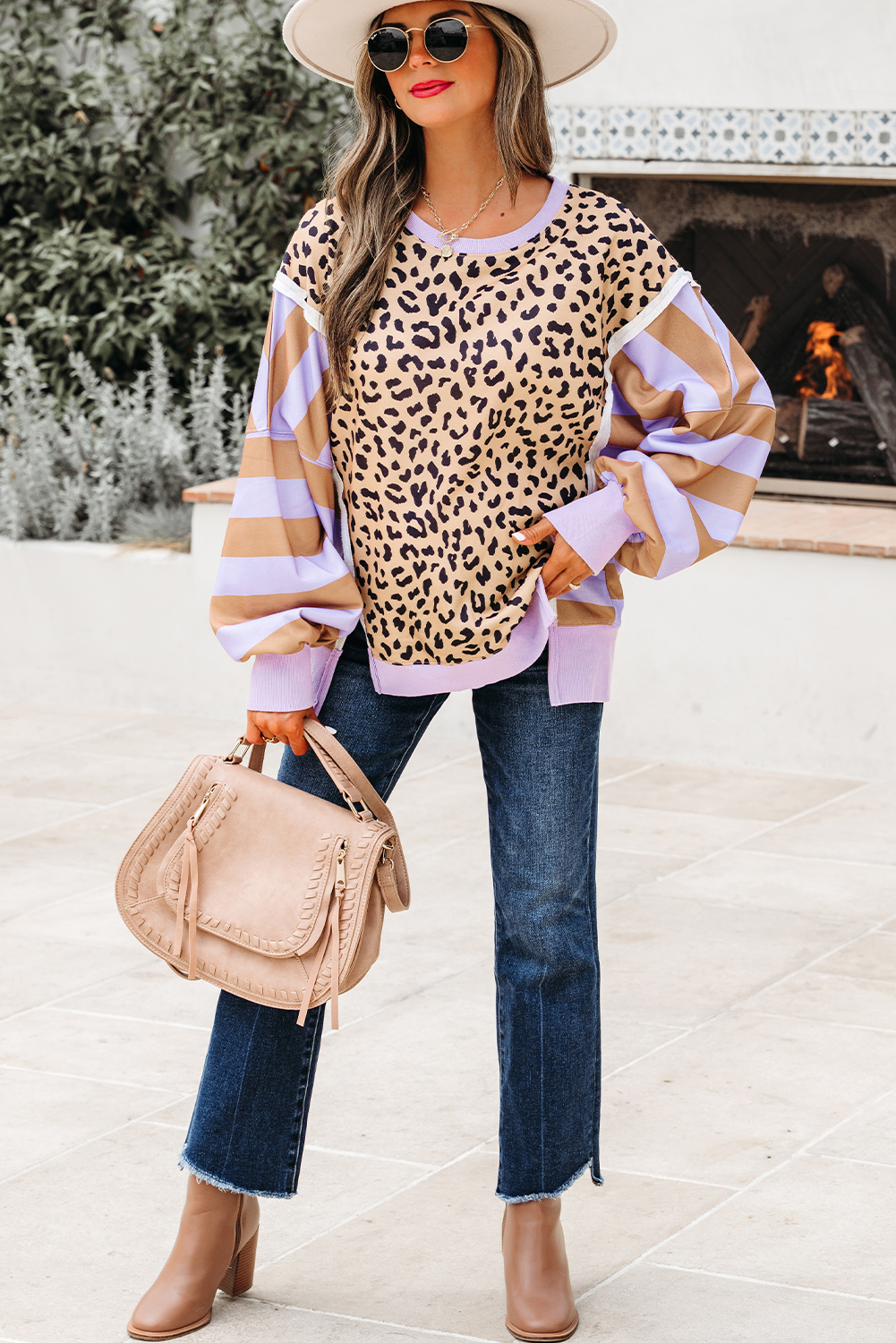 Purple Stripe Color Block Patchwork Leopard Casual Sweatshirt with Slits - Image 4