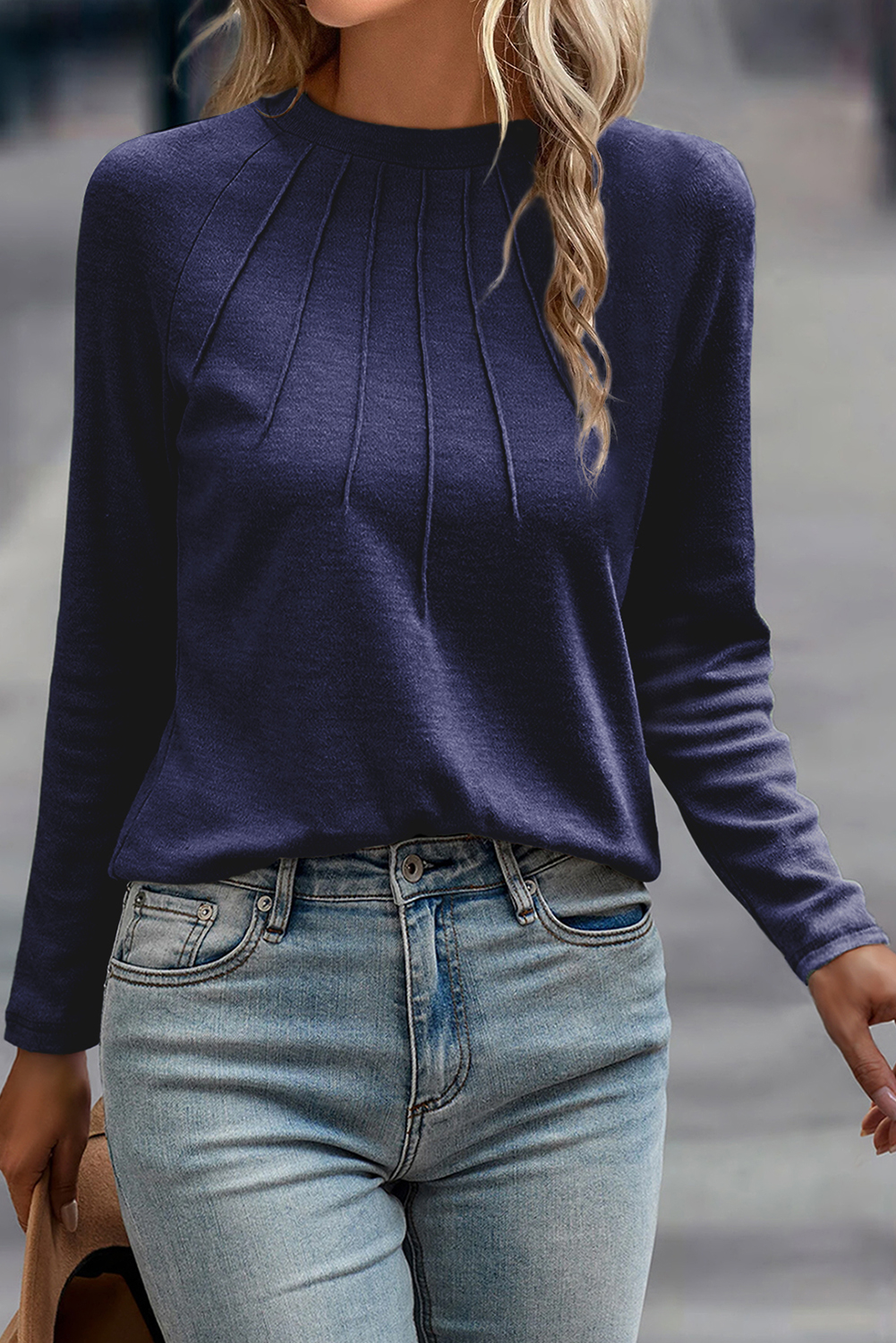 Navy Blue Solid Color Seam Detail Raglan Long Sleeve Top - Image 4