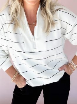 White Zip V Neck Casual Stripe Print Drop Shoulder Long Sleeve Top