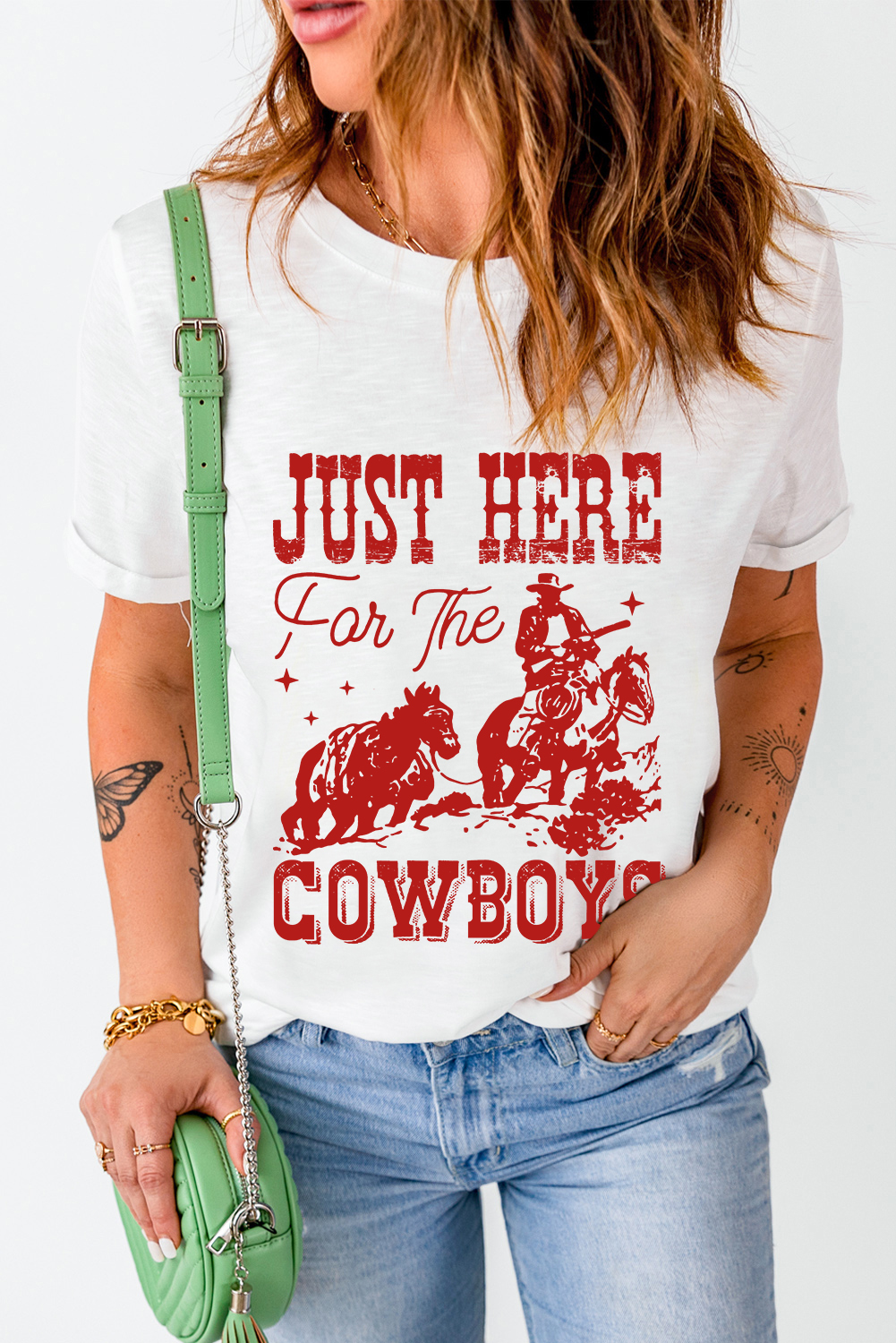 White JUST HERE For THE COWBOY Cuffed Sleeve Crew Neck T Shirt - Image 7