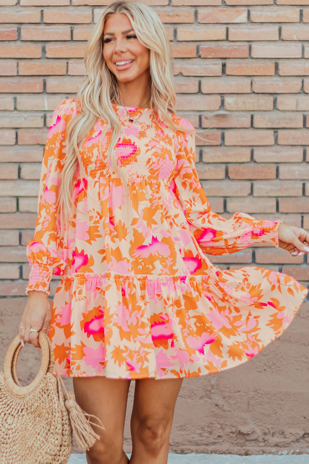 Orange Abstract Print Smocked Lantern Sleeve Ruffle Mini Dress - Image 4
