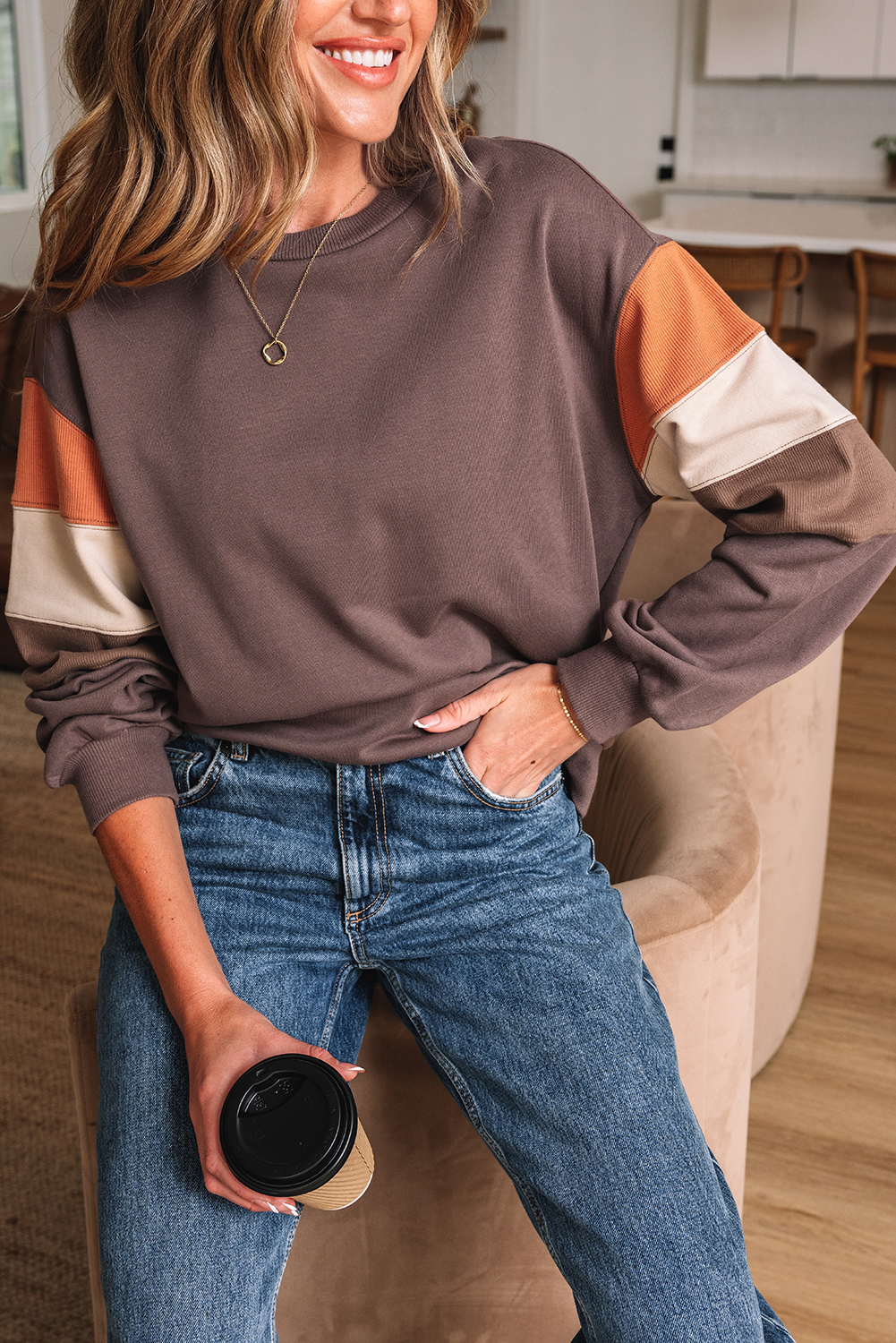 Dark Khaki Color Block Drop Shoulder Pullover Casual Sweatshirt - Image 8