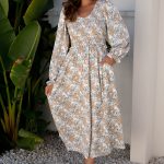 Khaki Maple Grove Floral Smocked Puff Sleeve Long Dress