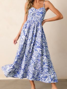 Sky Blue Floral Print Spaghetti Strap High Waist Maxi Dress