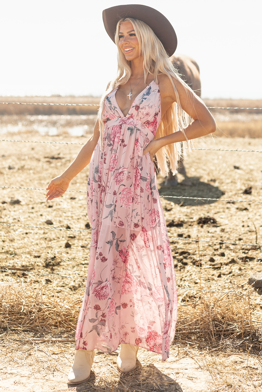 Pink Floral Pleated Bust Deep V Empire Waist Backless Maxi Dress - Image 5