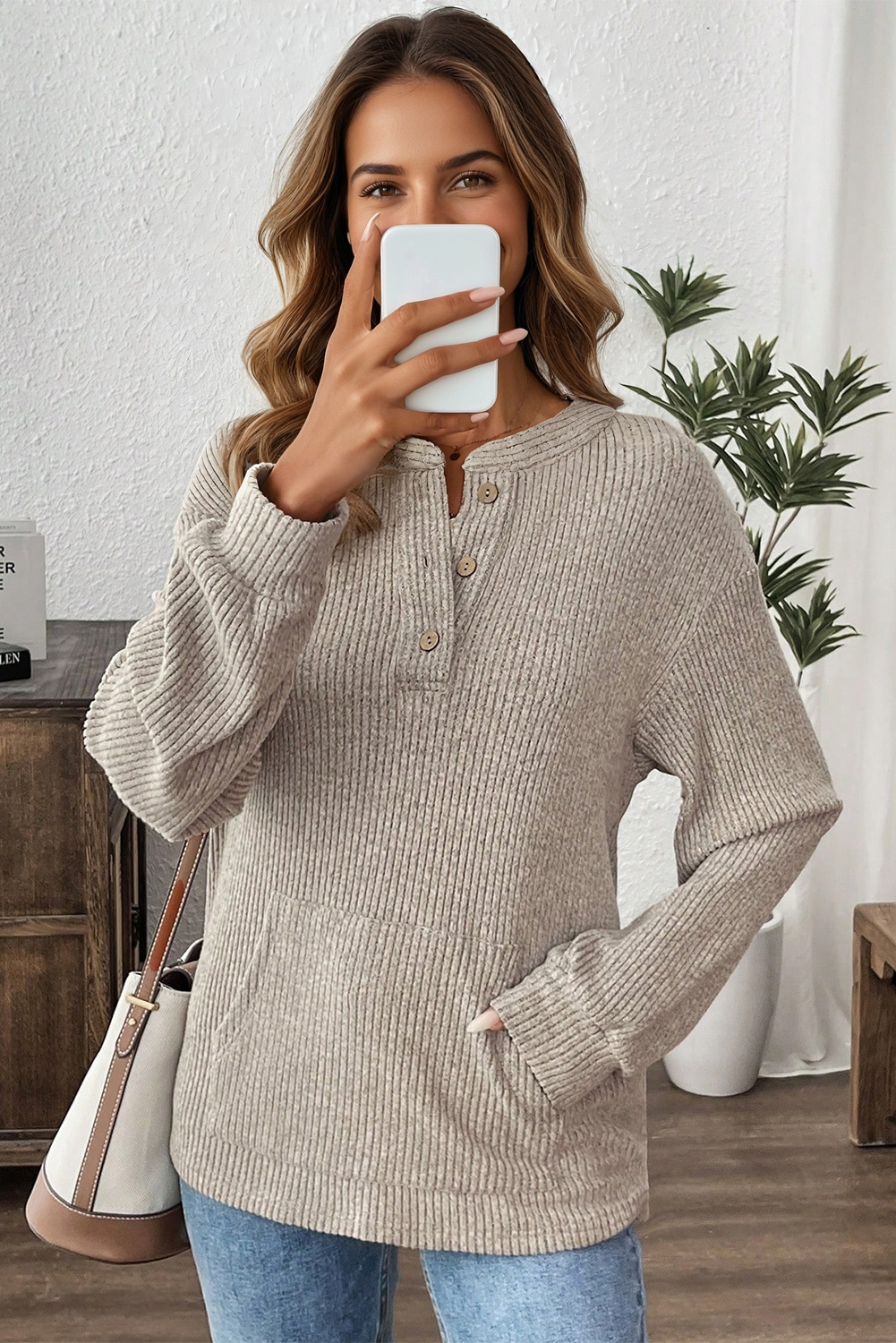 Simply Taupe Ribbed Texture Drop Shoulder Henley Knit Top - Image 2