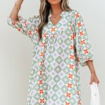 Green Geometric Floral Print 3/4 Sleeve Notched Neck Mini Dress