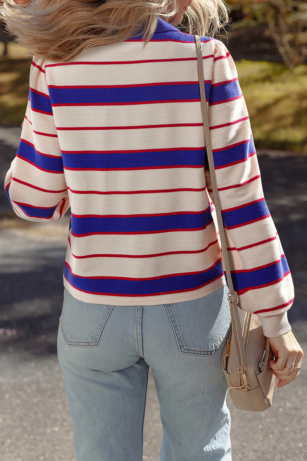 Blue Stripe Color Block Polo Pullover Sweatshirt - Image 2