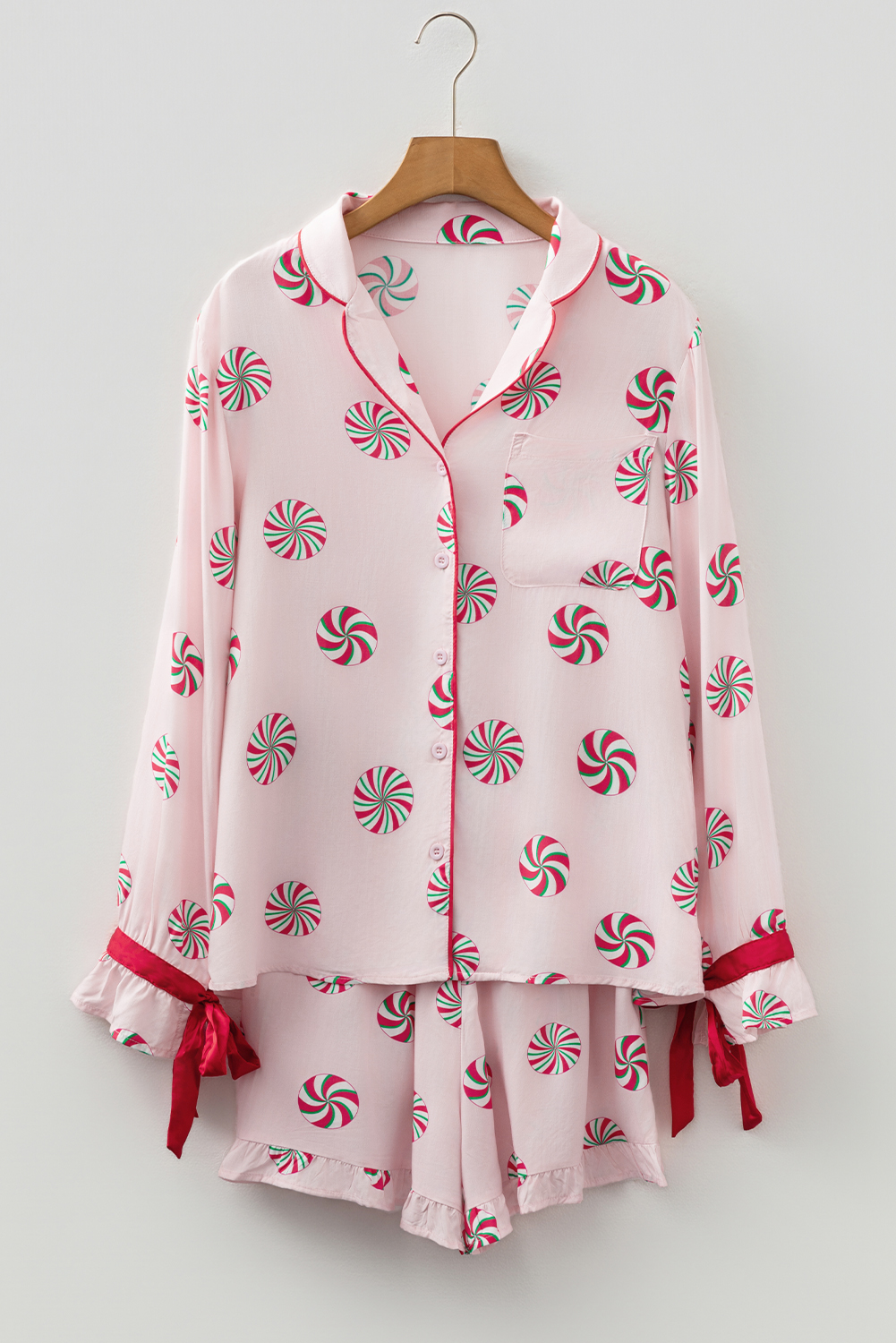 Pink Christmas Candy Contrast Trim Bow Knot Silky 2pcs Pajama Set - Image 3