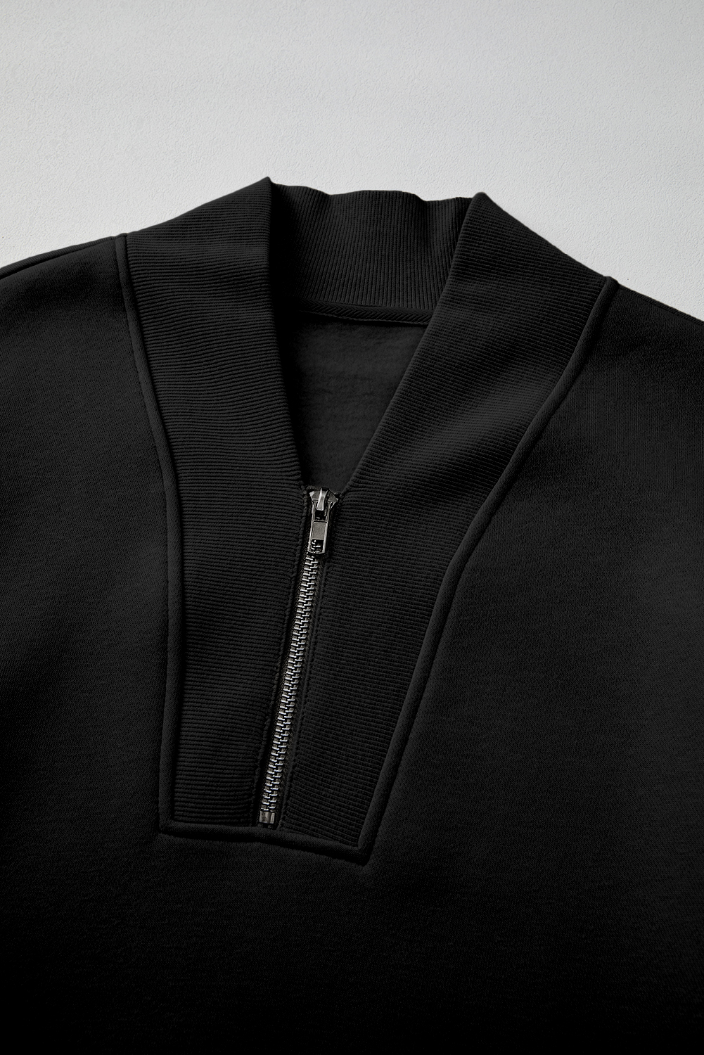 Black Plain Half Zip V Neck Ribbed Edge Loose Tracksuit - Image 8
