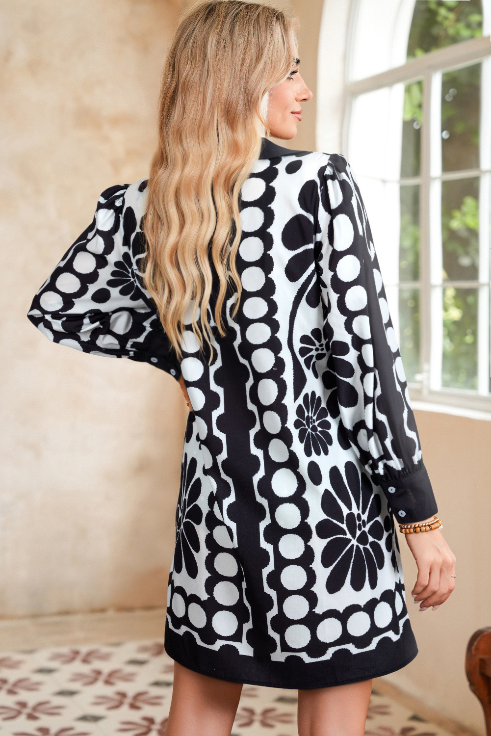 Black Polka Dot Floral Printed V Neck Long Sleeve Shift Mini Dress - Image 2