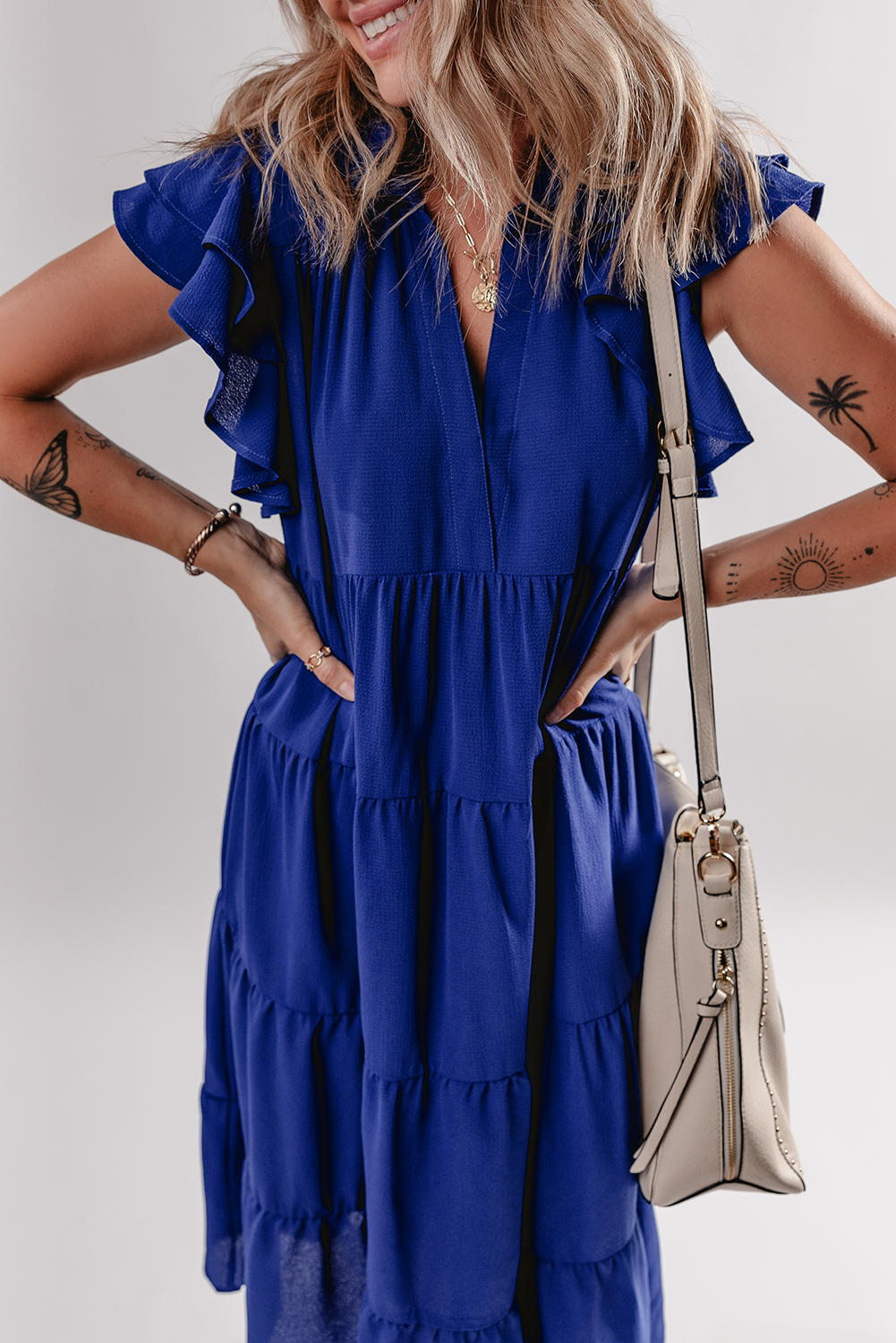 Bluing Ruffled Short Sleeve Collared V Neck Tiered Midi Dress - Image 5