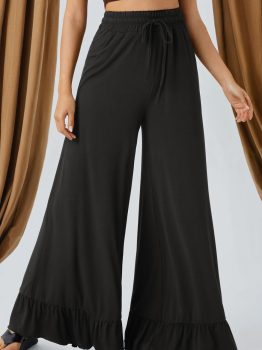 Black Ruffled Wide Leg Pull On High Waist Pants with Pockets