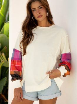 Beige Contrast Plaid Long Sleeve Exposed Seam Patchwork Top