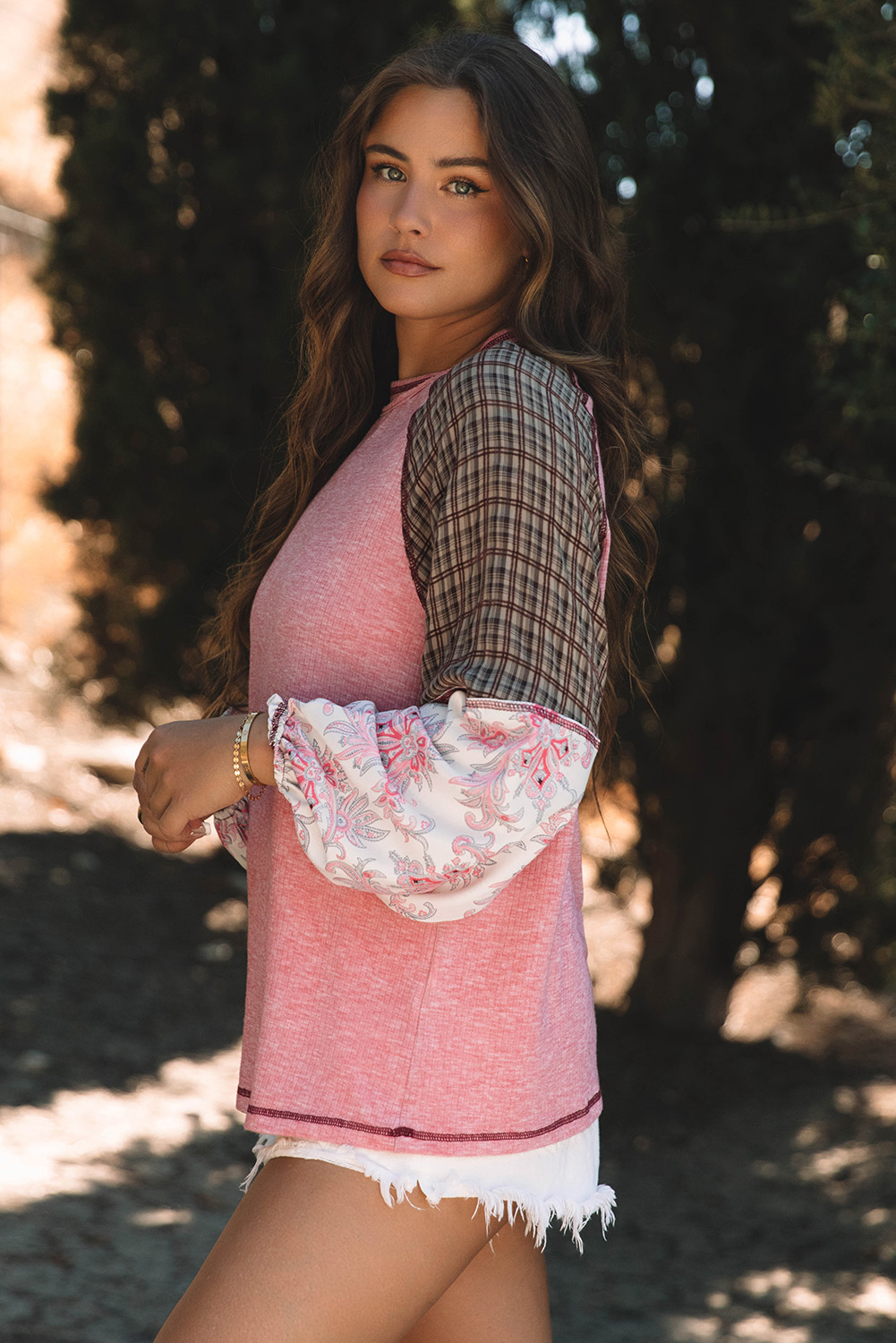 Fushia Mixed Print Raglan Sleeve Ribbed Knit Patchwork Blouse - Image 3