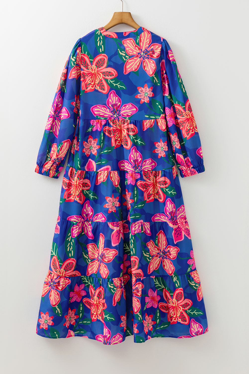 Blue Floral Print 3/4 Sleeve V Neck Tiered Long Dress - Image 4