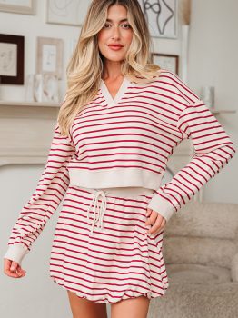 Red Stripe Cropped Collared Drop Shoulder Pullover and Bubble Mini Skirt Set