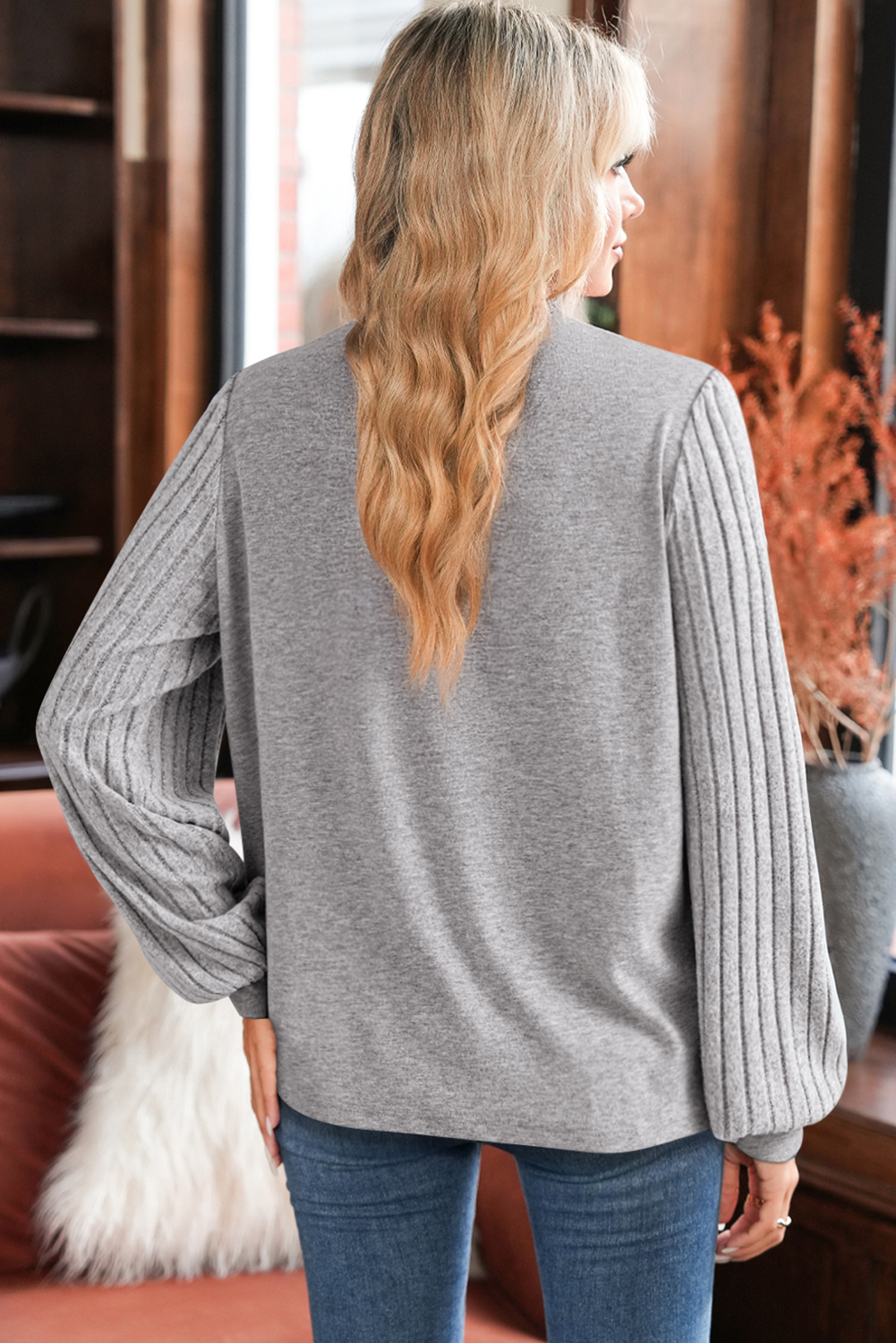 Gray Hollowed Lace Ribbed Knit Long Sleeve Patchwork Top - Image 2