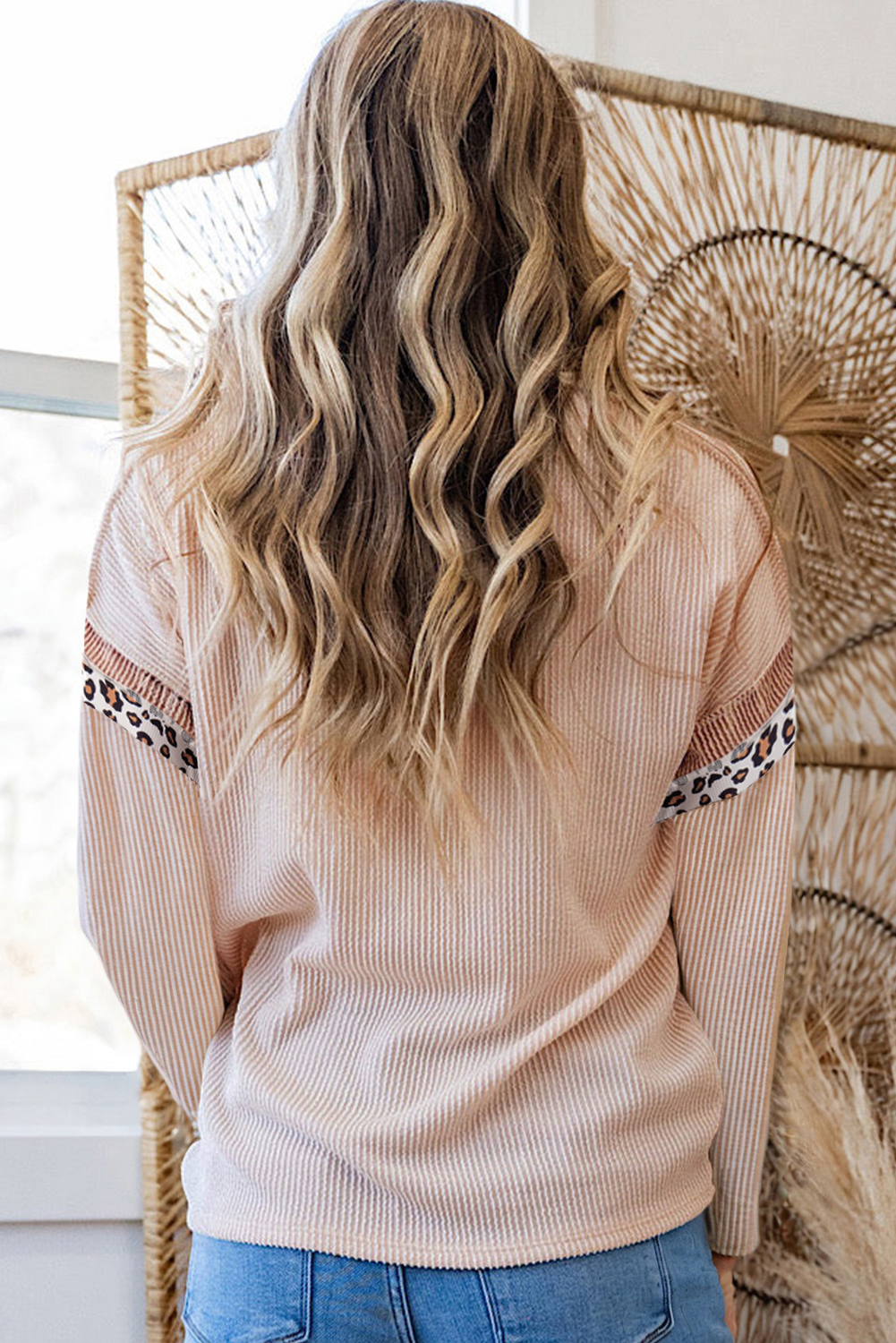 Beige Twist Ribbed Leopard Color Block Detail Drop Shoulder Long Sleeve Top - Image 2